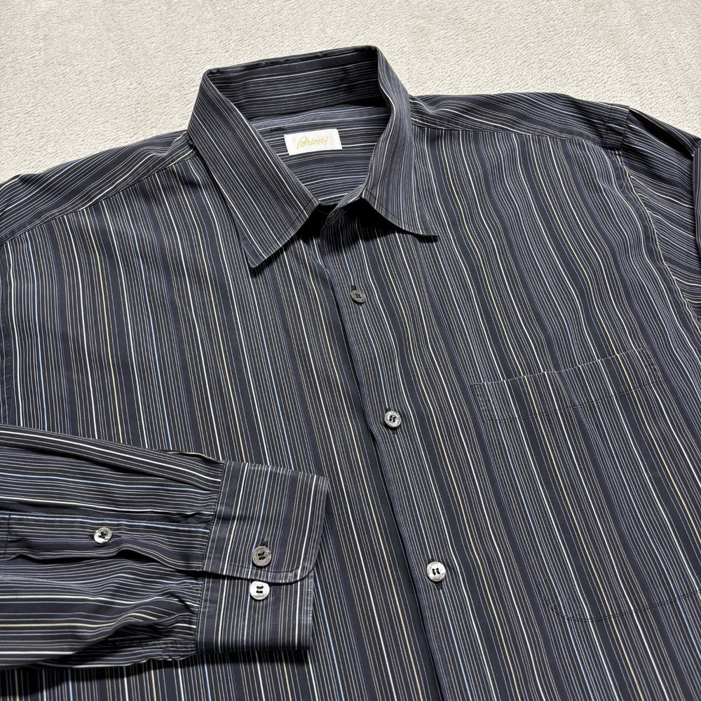 Brioni Italy Sport Shirt XL Navy Blue Gold Multi Stripe Luxury Cotton Button Up